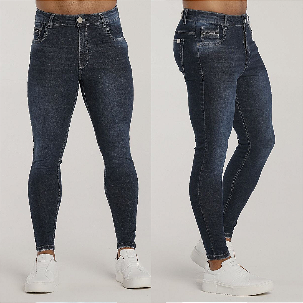 Calça Jeans Básica Escura, Botão Prata