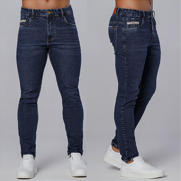 Calça Jeans SLIM Escura, Com Bigode No Laser