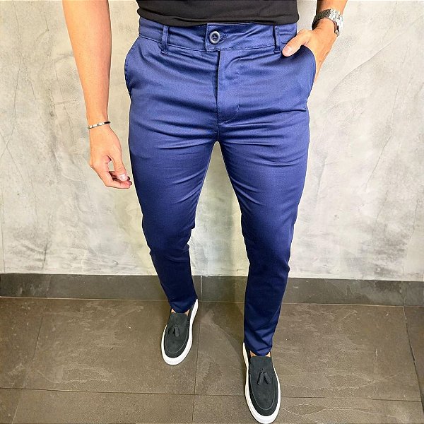 Calça Alfaiataria Sarja Acetinada Slim – Azul Marinho