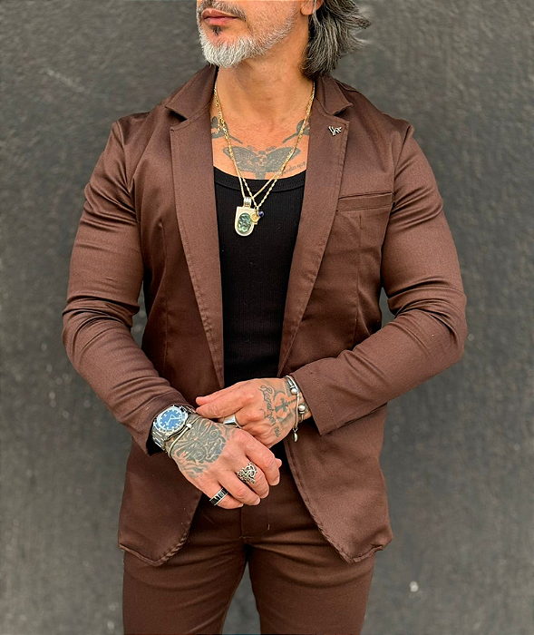 Blazer Premium Elastano Slim Fit Esport Fino Marrom