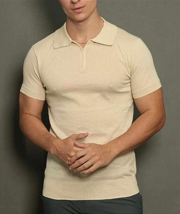 Polo Tricot Slim Mônaco Zíper Bege