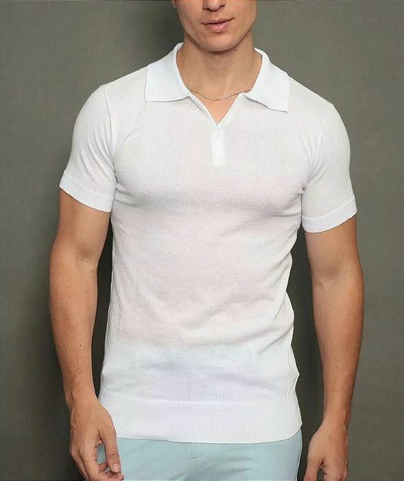 Polo Tricot Slim Mônaco Zíper Branco