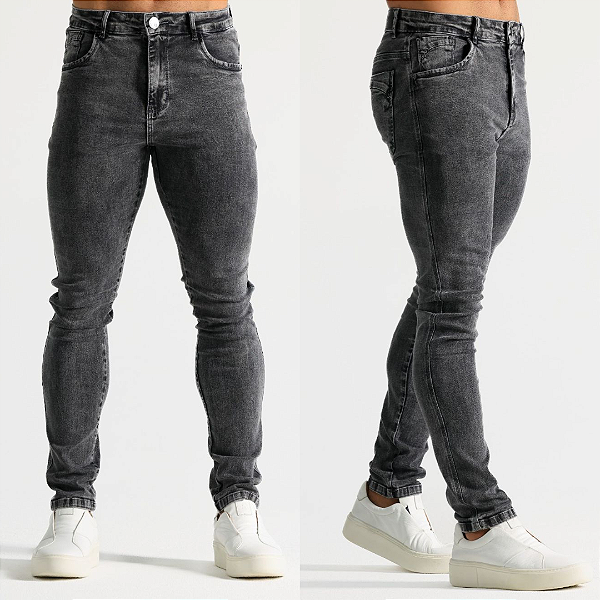 Calça Jeans Slim Marmorizada Com Recorte Preta