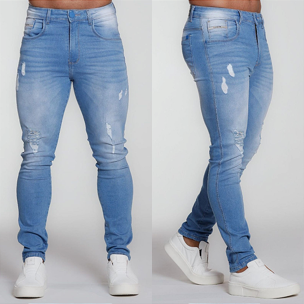 Calça Jeans Slim Sky Clean Rasgos No Lazer