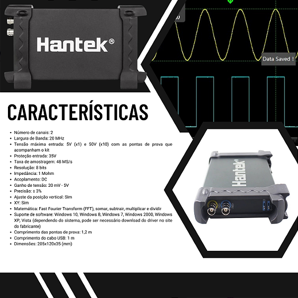 OSCILOSCOPIO PARA PC HANTEK HT6022BE 20MHZ PORTATIL DIGITAL