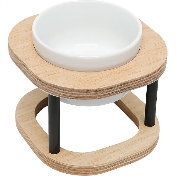 Comedouro Pet Simples M Duplo Em Madeira E Porcelana Marrom-claro