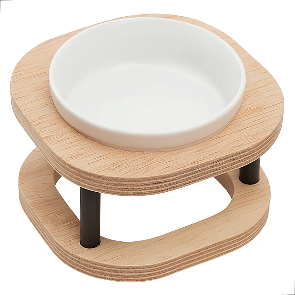 Comedouro Pet Simples P Duplo Em Madeira E Porcelana Marrom-claro