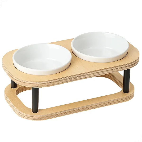 Comedouro Pet Elevado P Duplo Em Madeira E Porcelana Marrom-claro
