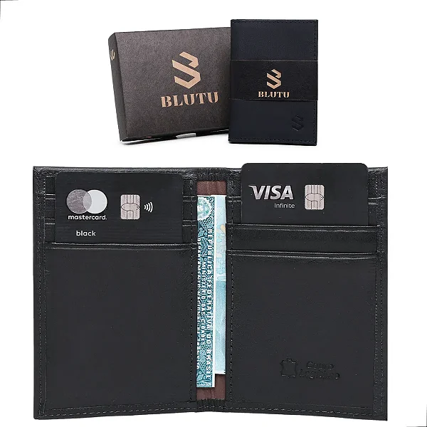 Carteira Masculina Porta Cartões Slim Couro Legítimo Preto Marrom