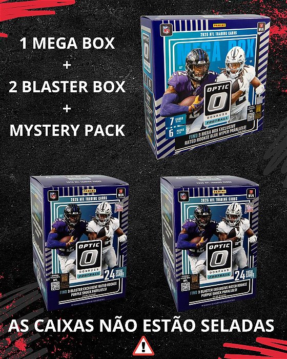 Break 456 - 2025 NFL Donruss Optic Mega Box + 2x Blaster Box (Caixas Abertas) + Mystery Pack - Escolha o seu time