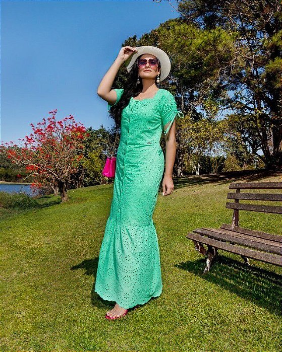 Vestido  Longo em Lese algodão com babado marca Lemazelle
