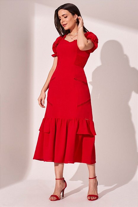 Vestido Vermelho Midi com Babados marca Fascinius 300962VM