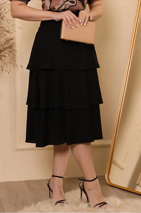 Saia Preto Maxi Midi Com Camadas Kauly (KL3991)