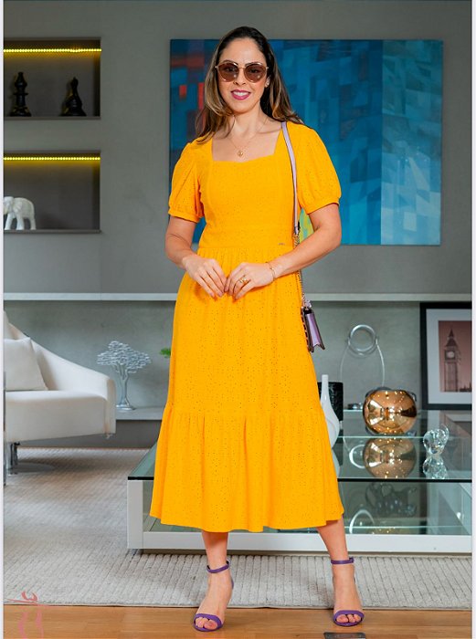 Vestido  midi amarelo  em laise malha - Cechiq - cod 5693