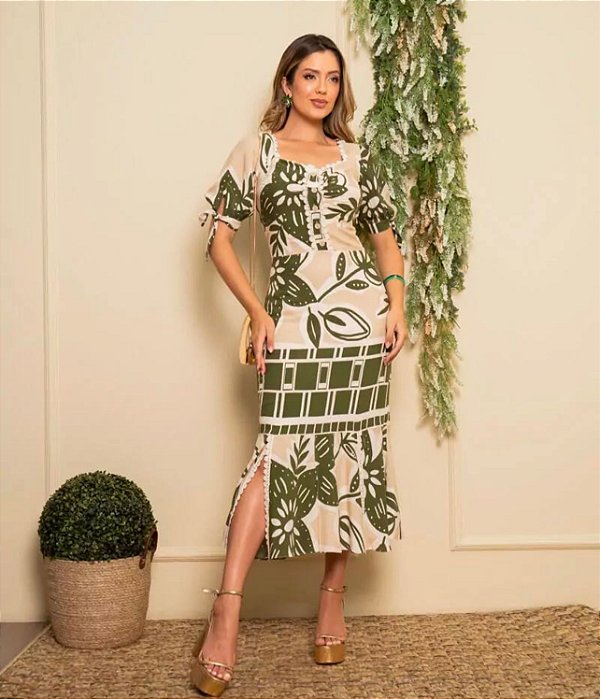 Vestido Max Em Viscose Manga Bufante E Laço- Luciana Pais- 94016