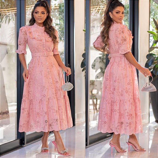 Vestido l na cor Rosa  com  cinto com próprio tecido -  Cinthia Modas