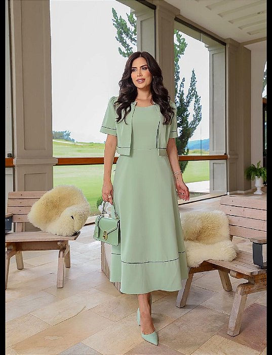 Vestido Max Alfaiataria Premium e vivos nos recortes Com Bolero verde  ref.4183 Kauly
