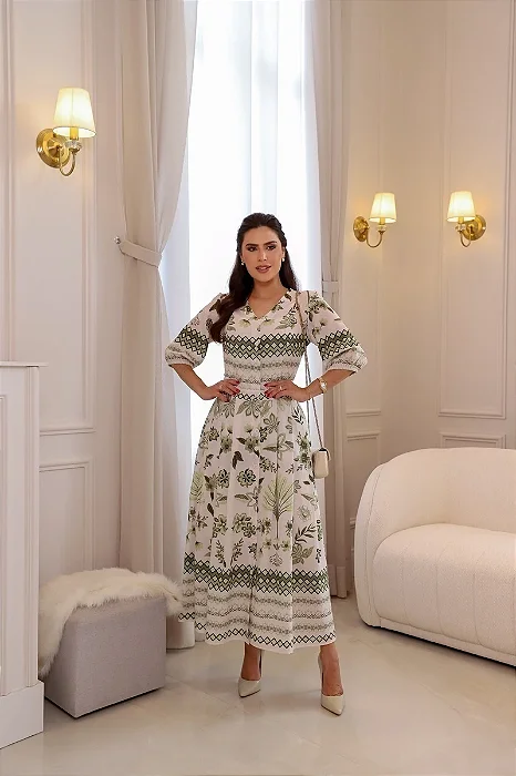 Chemissie Max Estampa Exclusiva Floral Verde Barrada Toque de Seda - Kauly