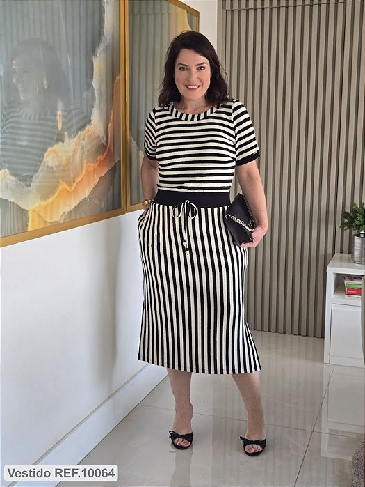 Vestido Midi Malha Tricô forrado na cor Preto e Off - 10064 La Séve