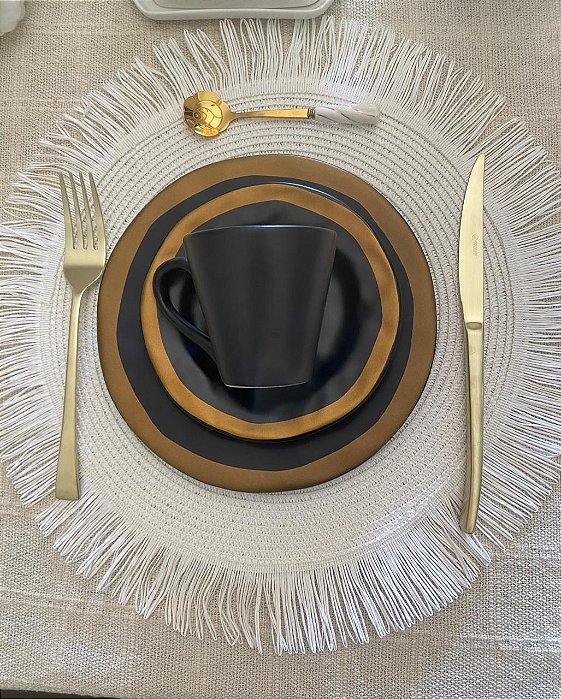 Conjunto prato sobremesa preto c/ filete amassada 6 peças