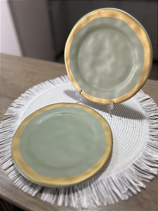 Conjunto de prato sobremesa verde c/ filete amassada 6 peças