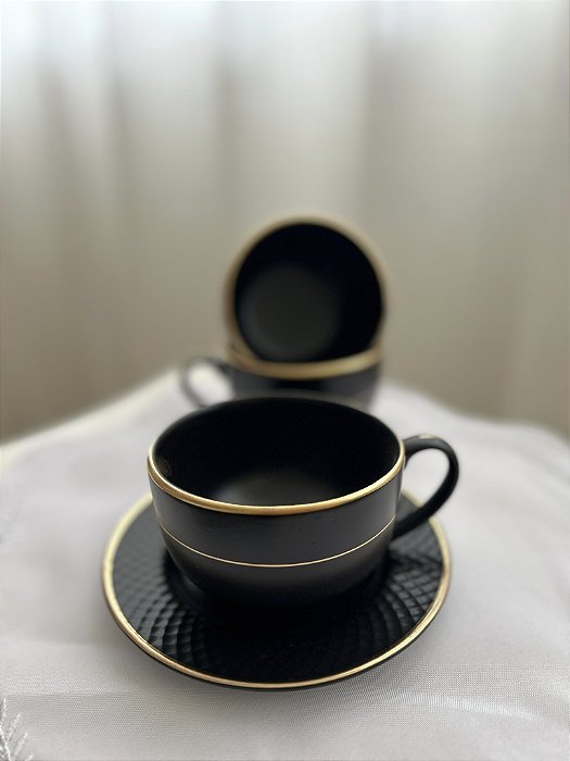 Jogo de xícaras cerâmica relevo preto com dourado 250ml
