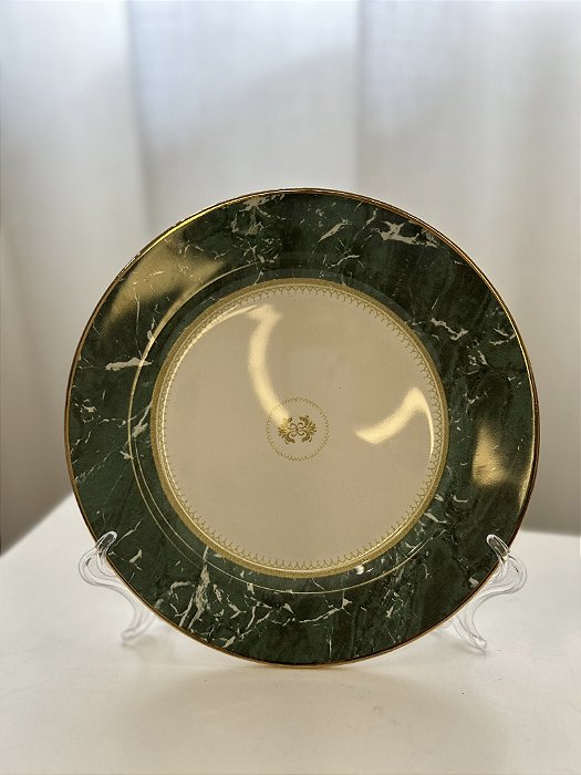 Prato sobremesa cerâmica Marble verde filete ouro 20Cm