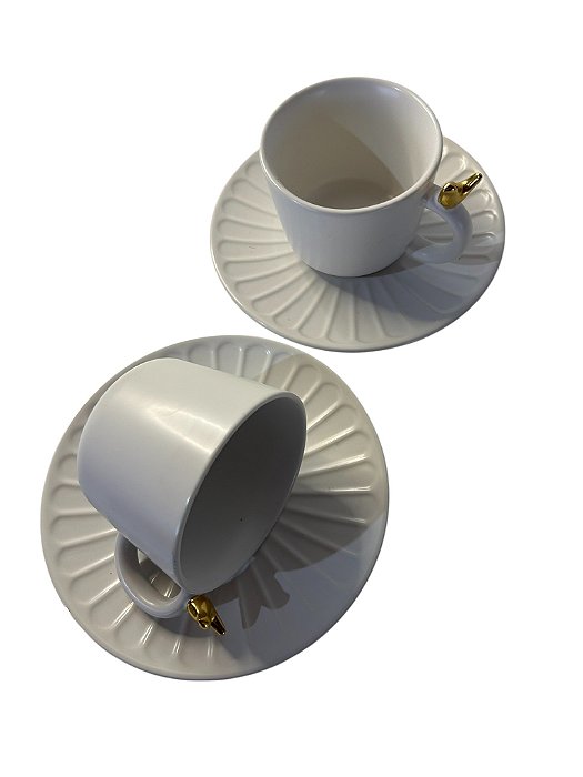 Conjunto 2 Xícaras de Chá de Cerâmica Com Píres Woff 170ml - Colibri Branco