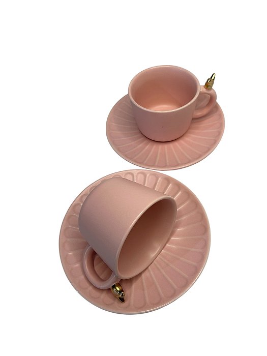 Conjunto 2 Xícaras de Chá de Cerâmica Com Píres Woff 170ml -Rosa