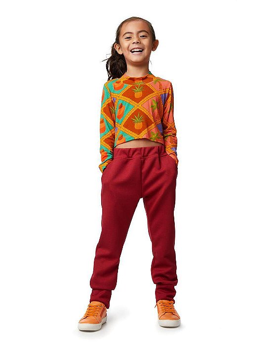 Top Cropped Xadrez Tropical Manga Longa Kids