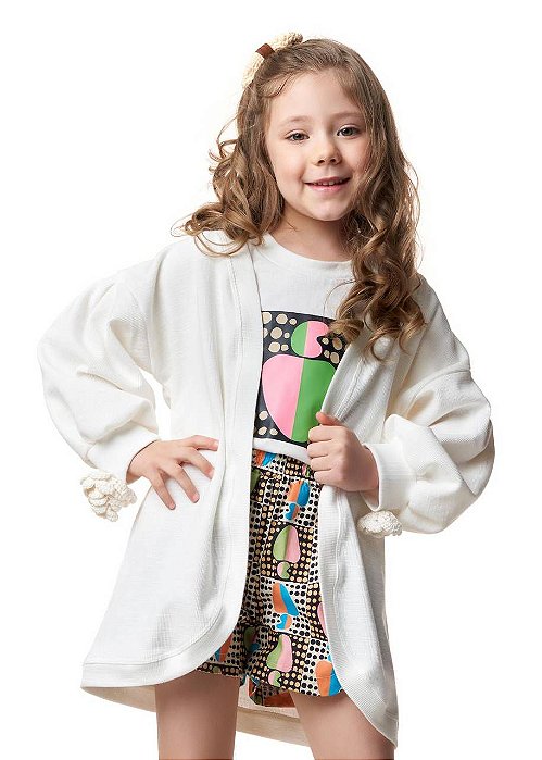 Maxi Cardigan Off White Com Crochê Kids