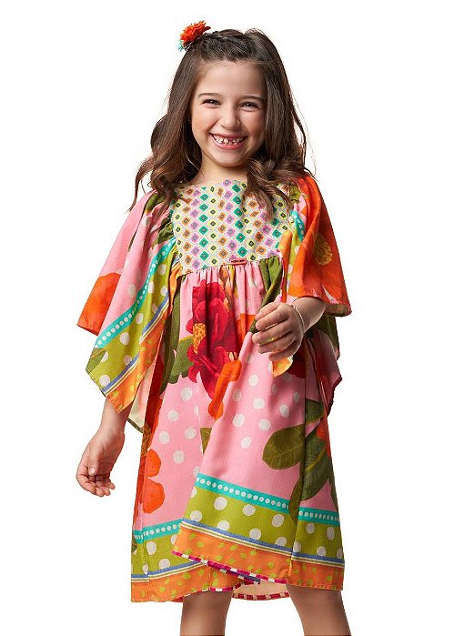 Vestido Curto Maxi Flores Com Mangas Kids