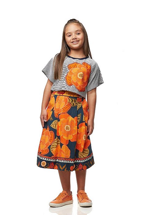 Saia Midi Com Top Flor De Abóbora