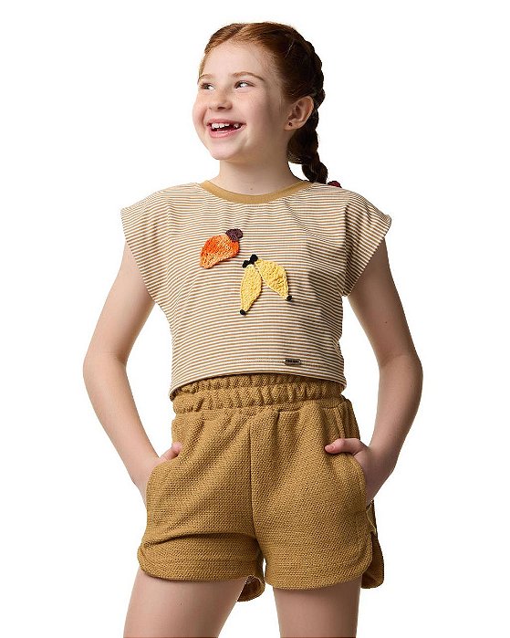 Conjunto Shorts Malha Tricô Com Cropped Listras Teen