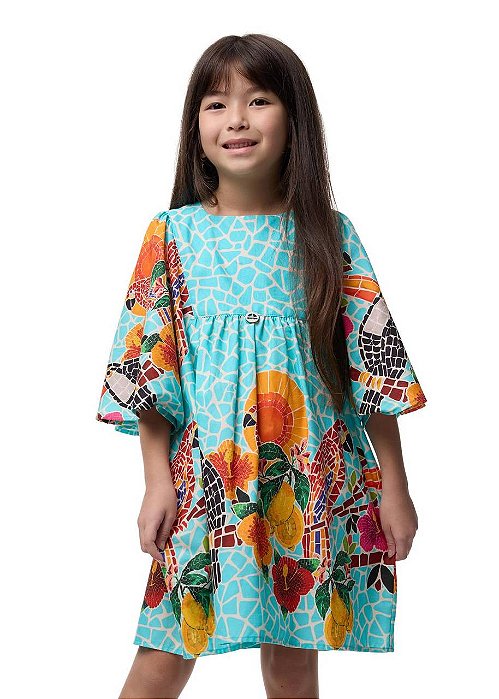 Vestido Mosaico Tropical Com Mangas