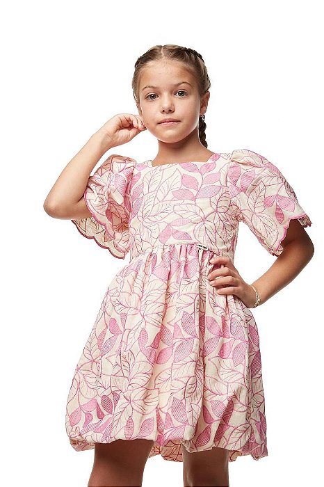 Vestido Curto Balonê Pink Bordado