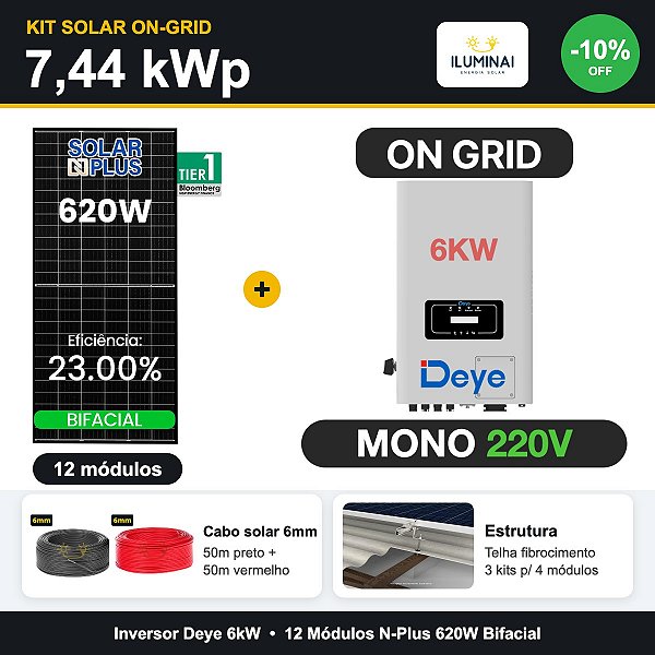 KIT SOLAR 7,44 kWp - Inversor DEYE 6kW - 12 Modulos 620W