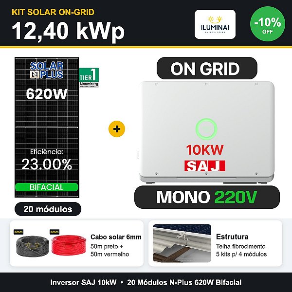 KIT SOLAR 12,40 kWp - Inversor SAJ 10kW - 20 Modulos 620W