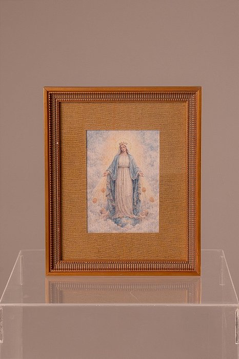 Quadro em Madeira com Linho Amarelo - Nossa Senhora das Graças em Aquarela
