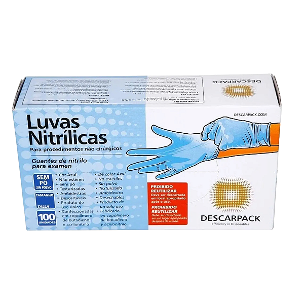 Luva Nitrílica Azul Para Procedimentos Não Cirúrgicos Sem Pó Com 100un - Descarpack