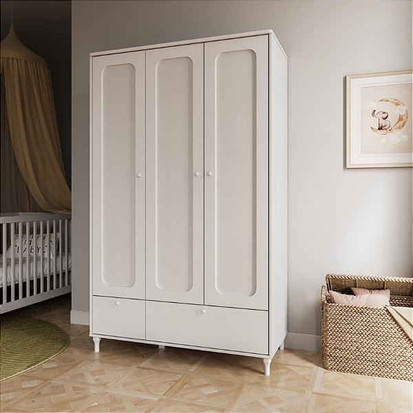 Guarda-Roupa Infantil 3  Portas Todo Branco Coleção Fofura