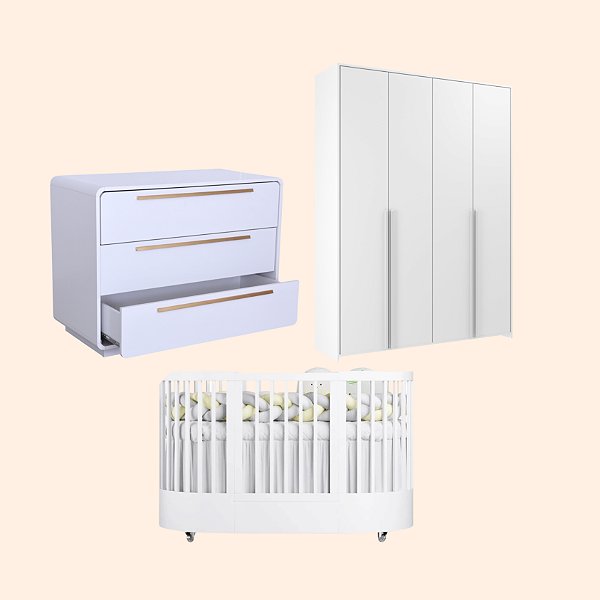 Quarto de Bebê Completo Evolutivo Berço + Cômoda + Guarda-Roupa 4 Portas