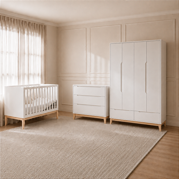 Quarto de Bebê Completo Encanto Berço + Cômoda 3 Gavetas + Guarda-Roupa