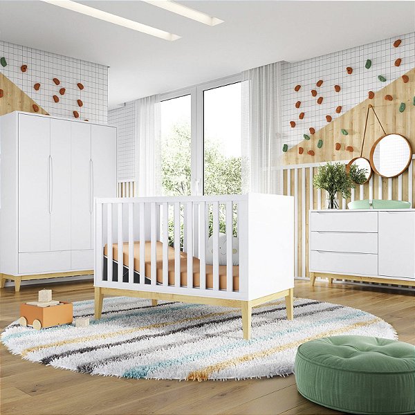 Quarto de Bebê Completo Evolutivo Amor Perfeito Berço + Cômoda Sapateira  + Guarda-Roupa