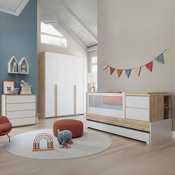 Quarto de Bebê Completo Sol e Mar Berço + Cômoda 4 Gavetas + Guarda-Roupa Modulado 4 Portas