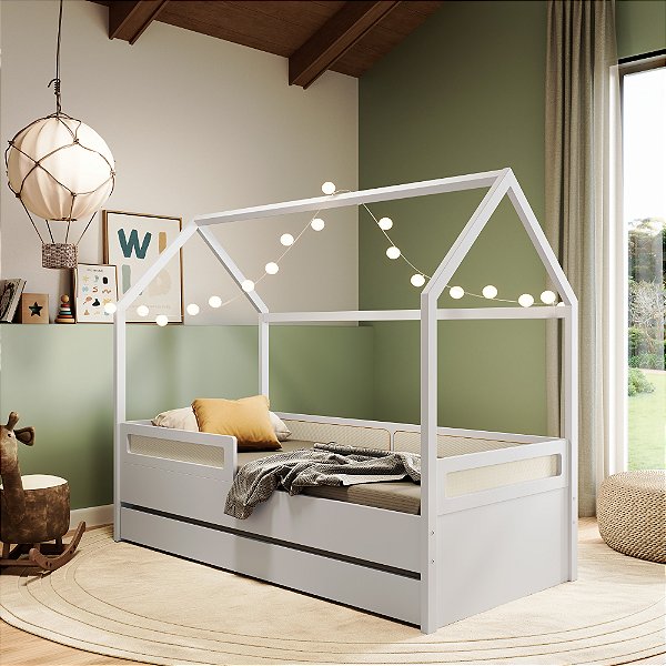 Bicama Infantil Com Casinha e Detalhes em Rattan Tamanho Solteiro Coleção Divertidamente Cor Branca