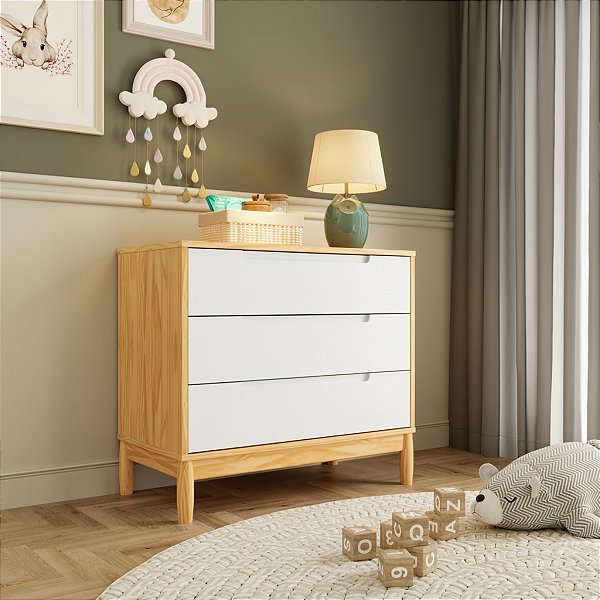 Cômoda Infantil Moderna 3 Gavetas Coleção Lion Cor Nature com Branco
