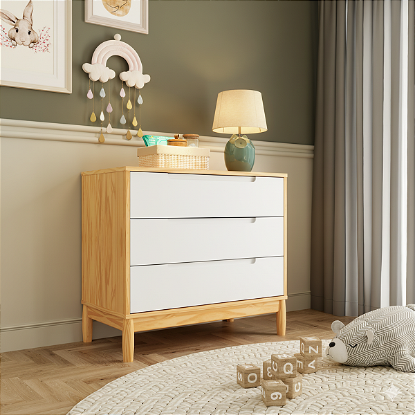 Cômoda Infantil Moderna 3 Gavetas Coleção Lion Cor Nature com Branco
