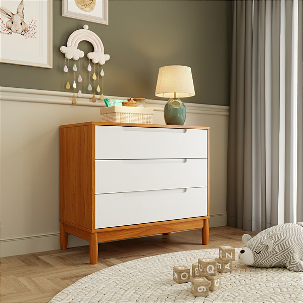 Cômoda Infantil Moderna 3 Gavetas Coleção Lion Cor Carvalho Avelã com Branco