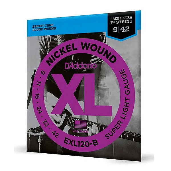 Encordoamento D'Addario XL Nickel EXL120-B Para Guitarra 09-42 Com Corda Extra PL009